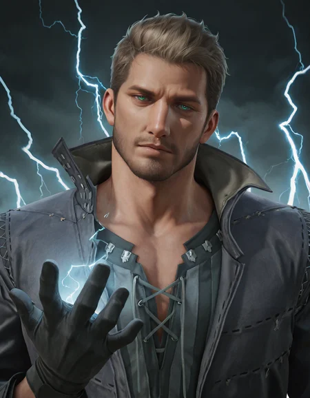 masterpiece, best quality, newest, detailed background, intricate details, male focus, realistic, solo, <lora:FFXVI - Cidolfus Telamon - Illustrious-000008:0.8>, cid_t, 1boy, mature male, green eyes, light brown hair, facial hair, jacket, shirt, gloves, storm, lightning, magic, electricity, holding magic, hand held up, looking at viewer, glowing blue eyes, portrait, head tilt