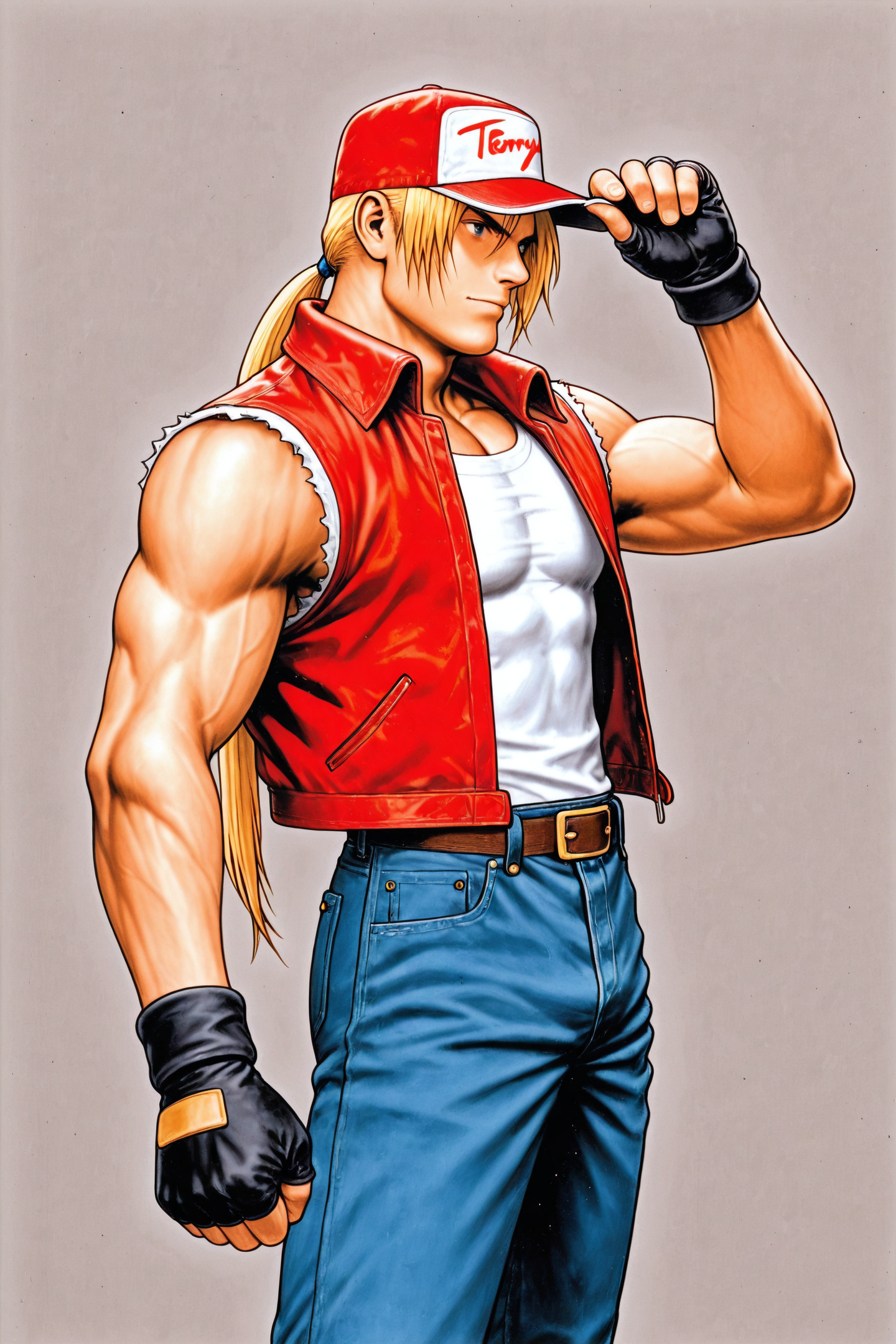 Terry Bogard,solo,1boy,male focus,hat,gloves,blonde hair,red baseball cap,denim,fingerless gloves,muscular,long hair,ponytail,jeans,vest,pants,jacket,standing,upper body,traditional media,
<lora:shinkiro_illustriousXL:1>,