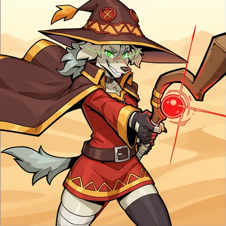 masterpiece, best quality, amazing quality,(detailed background:1),1girl,solo,CeehazStyle,furry,furry female,orinette, grey hair, borzoi,standing,long snout, green eyes,megumin cosplay,cape,hat, holding staff,cowboy shot,red  glowing staff,inminent attack,aiming at viewer,grin, glowing eyes,attack pose,Eye trail,light trail, desert,mismatched legwear <lora:Ceehaz_StyleCharacters_v3 v2:1>