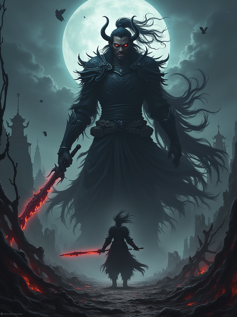 Concept for a Dramatic Image: "Dark Themed Poster for Black Myth: Wukong"

Character Choice: Depict Wukong from Black Myth: Wukong in a dark, mythological style. Emphasize his imposing, otherworldly presence in a shadowy, cursed landscape.

Composition:

Heroic Angle: Utilize a low-angle view to enhance Wukong’s towering, formidable presence, making him appear like a dark, mythical force.

Facial Features:

Dark, Intense Expression: Wukong’s eyes should glow with a dark red or sinister aura. His expression should convey a fierce, menacing demeanor with sharp, otherworldly teeth visible.
Shadowy Hair and Armor: His hair should be wild and shadowy, entwined with dark mist. His armor should look rugged and dark, with a corrupted, battle-worn appearance.
Dynamic Pose:

Weapon: Wukong’s Ruyi Jingu Bang should appear dark and twisted, emanating an ominous glow. Capture him mid-action or in a powerful stance to emphasize his dark powers.
Energy Effects: Surround him with swirling shadows and dark energy effects to highlight his cursed abilities and the dark nature of his realm.
Cursed Realm Setting:

Background: Create a dark, twisted landscape with eerie ruins and shadowy structures. Add elements like gnarled trees, broken statues, and swirling mist to evoke a sense of desolation.

Gloomy Atmosphere: The sky should be covered in dark, swirling clouds with occasional flashes of dark lightning, enhancing the apocalyptic feel.

Desolation: Include details of destruction, such as crumbling buildings and scattered debris, to underscore the cursed nature of the environment.

Dark Elements:

Shadow and Energy Effects: Use dynamic, swirling shadows and dark energy effects around Wukong to enhance his dark, mythical power. Incorporate dark red or purple lighting for dramatic contrast.

Dim Lighting: Employ minimal, moody lighting with stark contrasts to emphasize Wukong’s dark features and the ominous setting.

Supporting Figures:

Shadowy Adversaries: Include dark, fearsome creatures or corrupted entities in the background, partially obscured to amplify the sense of dread and mystery.

Interactions: Show some of these creatures reacting to Wukong’s presence or engaged in dark rituals to heighten the scene’s intensity.

Overall Mood:

The image should evoke a strong sense of dark power and mythological grandeur, capturing Wukong as a formidable figure in a cursed, shadowy realm. The combination of his menacing presence, the dark setting, and dramatic energy effects will create a compelling and atmospheric representation of Black Myth: Wukong.

