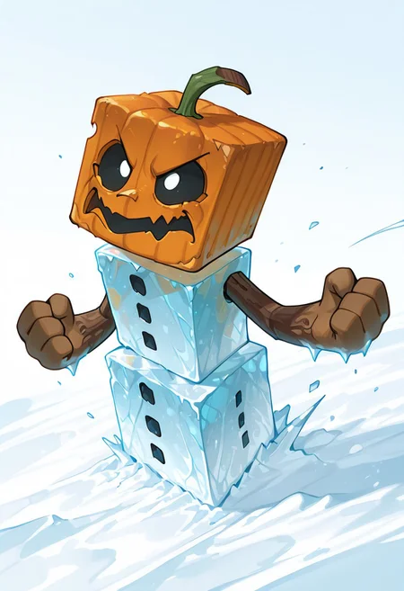 masterpiece, best quality, amazing quality, very aesthetic, absurdres, newest, detailed background, foreground blur, 
snowglm, no humans, white body,  solo, standing, cube head, cube body, stick hands, brown arms, 
pumpkin head, sharp mouth, big mouth, square eyes, empty eyes, no pupils, black sclera, black mouth, orange head,
cartoon, pose, eyes dynamic angle, ice powers, Frostbite, evil smile, angry eyes,