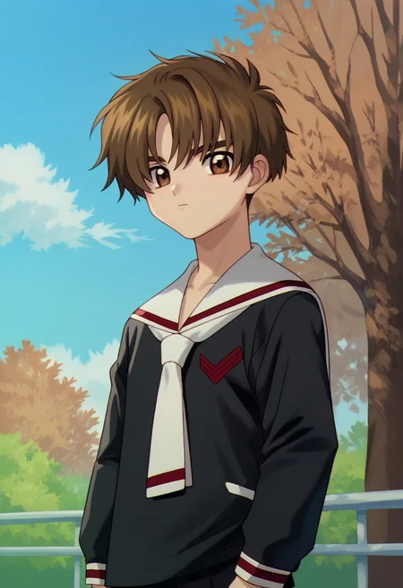 score_9, score_8_up, score_7_up, source_anime, highly detailed,
syaoran, 1boy, male focus, solo, brown hair, brown eyes, school uniform, shirt, black shirt, long sleeves, sailor collar, looking at viewer
outdoor, sky, cloud, tree