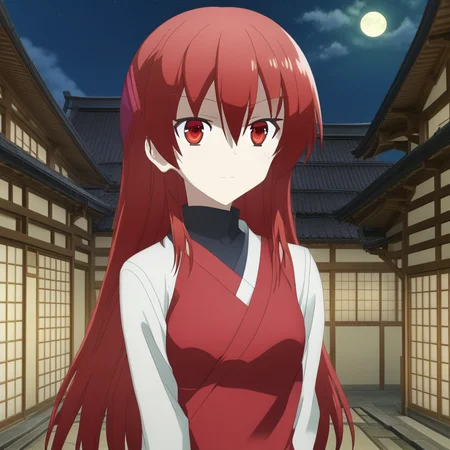 score_9, score_8_up, score_7_up, source_anime, rating_safe, , (3d:0.4), 1girl, solo, tsukasa_yuzaki, red hair, red eyes, long hair, hair between eyes, bangs, close-up, town, japanese architecture, night, crescent moon, one leg up, speaking, talking,