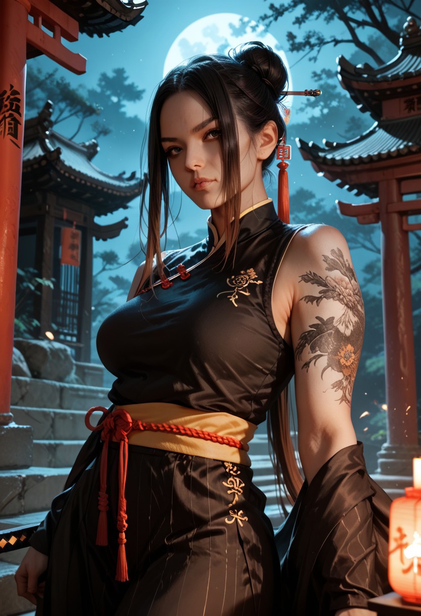 score_9, score_8_up, score_7_up, score_6_up, 1woman, mature woman,Mei, MeiRH,
Very long black hair, brown gradient hair, high hair bun, brown eyes, pale skin, medium breasts,  full right arm tattoo, sleeveless_kimono, Chinese attire, detailed background, chinese temple, tough face, night, dynamic pose,  shadows, posing, Standing, holding a sword, dark light, night,