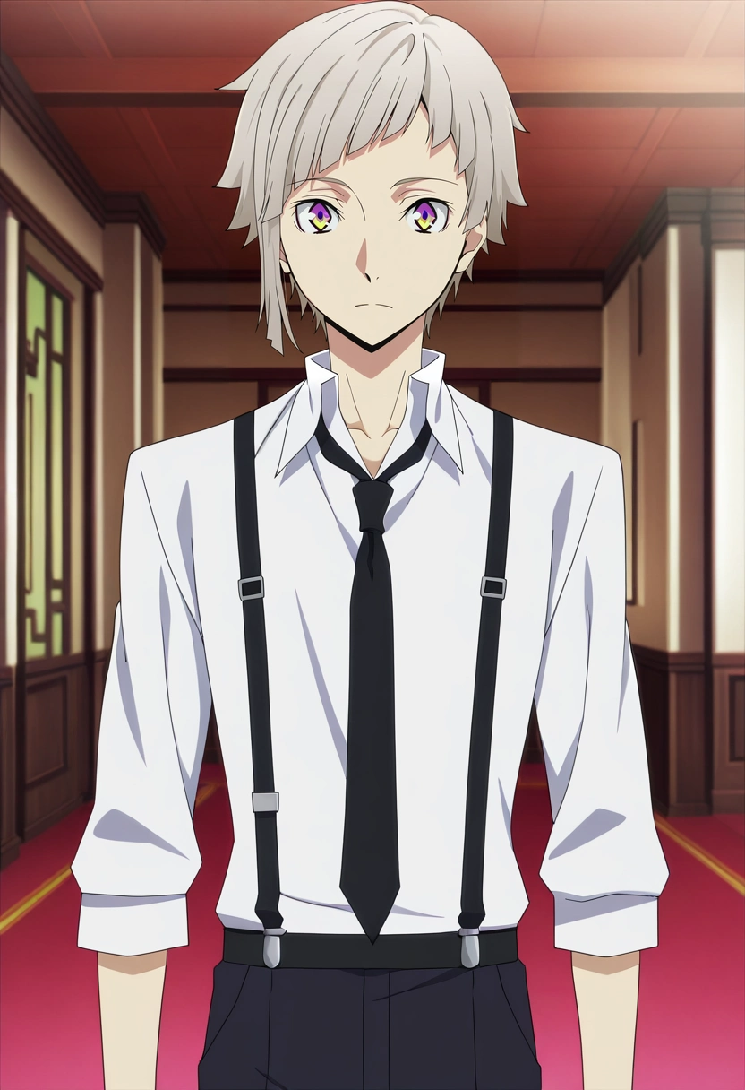 masterpiece, best quality, anime screencap, official style, anime coloring, cowboy shot, 1boy, solo, male focus, <lora:atsushi_nakajima_ilxl:1>, atsushi_nakajima, grey hair, yellow eyes, multicolored eyes, purple eyes, short hair, white shirt, collared shirt, suspenders, black necktie, , tank top,