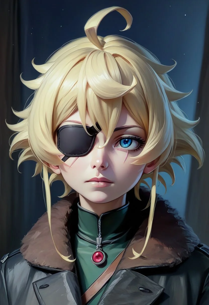 score_9, score_8_up, score_7_up, (low light, night time, dark), TanyaDegurechaff, female, mature, solo, blonde hair, blue eyes, ahoge, expressionless, face focus, looking to the side, sideways, black coat, black eyepatch, dropshadow, scar, painterly, faux traditional media, realistic,