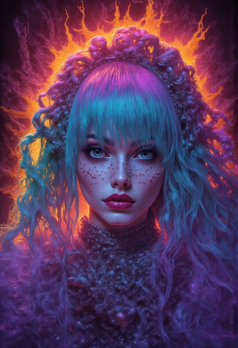 highly detailed, complex composition,  woman with pastel rainbow hair, large blue eyes, intricate hairstyle with pearls, glowing background, exaggerated background details, vibrant colors, intricate textures, dynamic lighting, whimsical and magical atmosphere