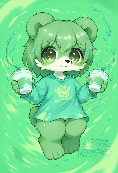 score_9, score_8_up, male, solo, full body, digital art, highly detailed, zPDXL2, zPDXLpg, zPDXL, bear, green shirt, big eyes, large pupil, look at viewer, furry, kemono, cute, anthro, zavy-splsh, paint splash, green paint splash, dreamful background, holding a cup of green tea