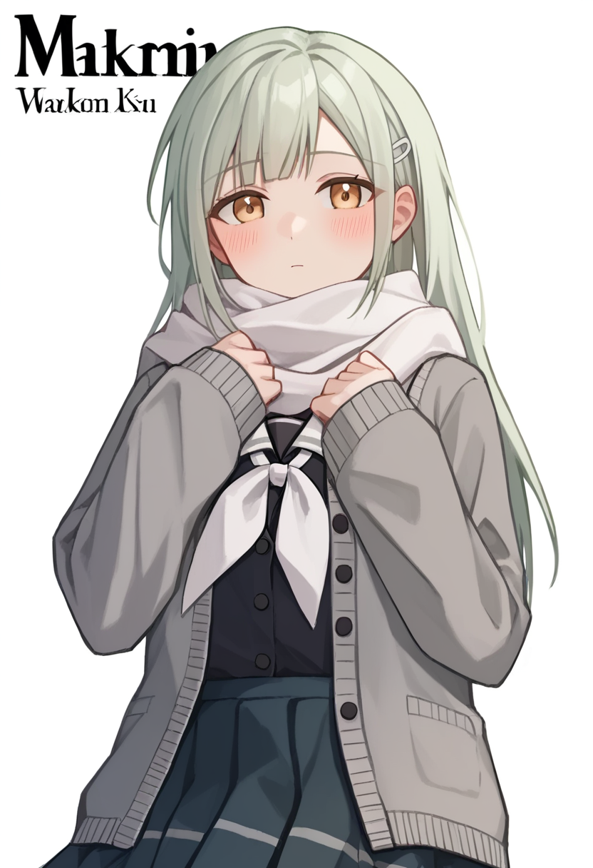score_9,score_8_up,score_7_up,<lora:wakaba_mutsumi_tomori_pony_v1:1>,simple_background, white_scarf, looking_at_viewer, hairclip, white_background, commentary, highres, sidelocks, solo, upper_body, white_neckerchief, black_skirt, 1girl, long_sleeves, ear_blush, open_cardigan, wakaba_mutsumi, black_shirt, artist_name, tsukinomori_school_uniform, grey_cardigan, pleated_skirt, sleeves_past_wrists