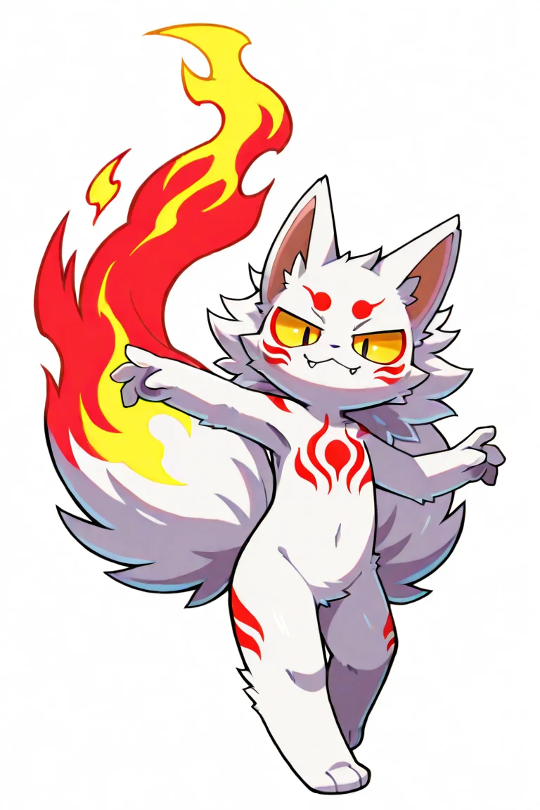 kemono style, furry, white body, traditional youkai, kitsune, solo, no humans, flame tail, smug, fangs,standing, action pose, dynamic pose, colored sclera, simple background, red markings, yellow sclera, looking at viewer, fluffy tail, long fluffy tail, dynamic angle, anthro, :3