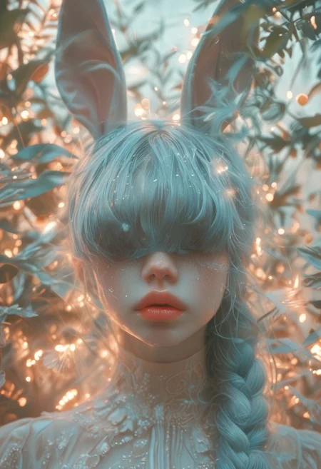 (Score_9:1.1), score_8_up, score_7_up,
(limited lighting, high contrast, laser beams, highres, closed_mouth:1.4, absurdres) 
Fl0ralD0lls 
solo, bunny ears, human woman, curious, (ferns:1.3), realistic, focus on face, hime cut, pacific blue hair, (hair over eyes:1.4),((hair in very long single braid)), big lips, full lips, glossy lips, matte skin, matte colours
