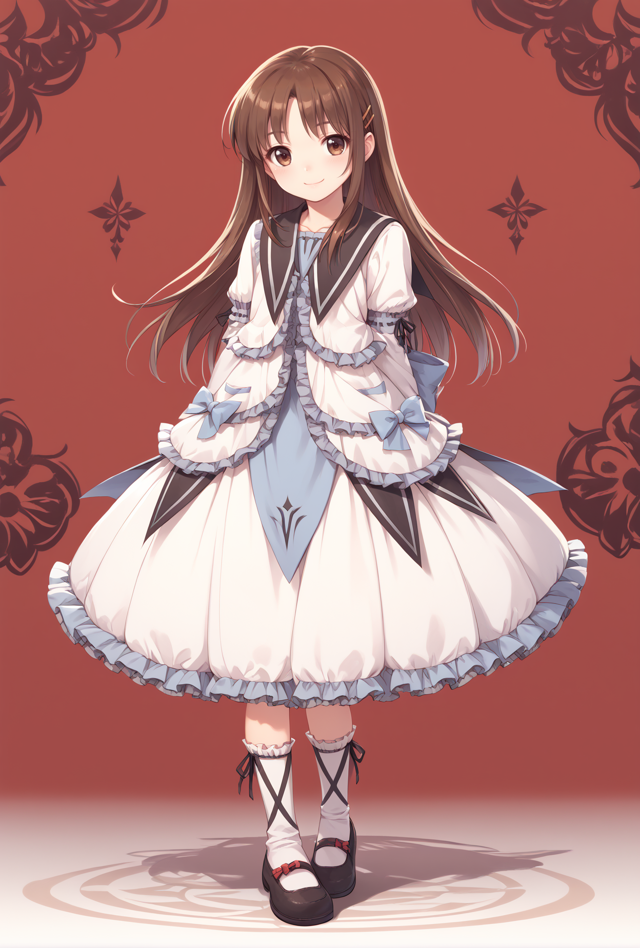 score_9, score_8_up, score_7_up, score_6_up, score_5_up, score_4_up,anime source,
 Renne(lo), frilled dress,lo shoes,frilled socks,
  tomo,1girl,brown hair,brown eyes,long hair, hairclip,smile,
full body,street,<lora:RenneloXLPony:1>,<lora:TomoXLPony:0.8>