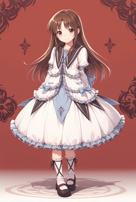 score_9, score_8_up, score_7_up, score_6_up, score_5_up, score_4_up,anime source,
Renne(lo), frilled dress,lo shoes,frilled socks,
tomo,1girl,brown hair,brown eyes,long hair, hairclip,smile,
full body,street,<lora:RenneloXLPony:1>,<lora:TomoXLPony:0.8>