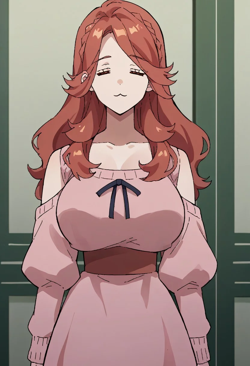 score_9, score_8_up, source_anime, 1girl, solo, =w=, :3, = =, eyes closed, Lucrezia_UM, red hair, amber eyes, large breasts, pink sweater dress, <lora:ChamElfExpressionPonyXL:1>