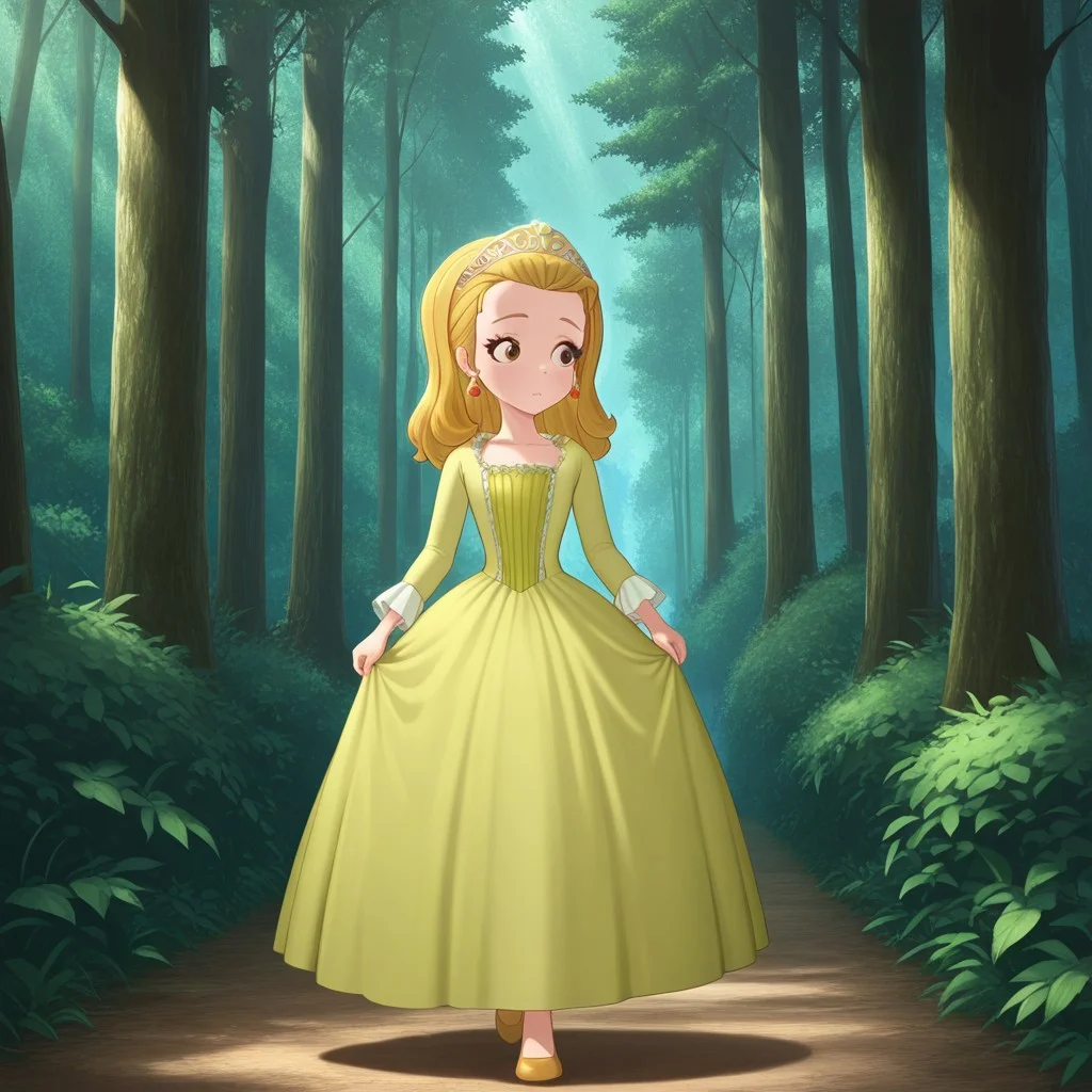 masterpiece, best quality, amb_stf, tiara, blonde hair, earrings, brown eyes, dress, walking. forest, natural lighting