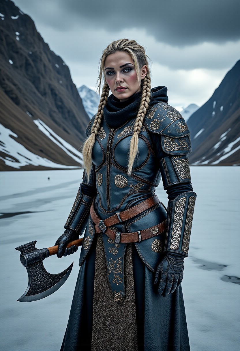 A captivating image emerges, focusing on a vikingpunk warrior-princess with her presence commanding attention in the icy wasteland. Her futuristic viking armor based on traditional viking armor, a seamless fusion of technology and her athletic form, slim-athletic form highlights her strength and agility. The warrior's twin braids with shaved sides, frames her determined expression, while her piercing eyes bore into the viewer. Ancient runes are etched into her battleaxe and armor, crackling with mystical glowing energy. The frozen landscape, a testament to her people's resilience, stretches into the distance, where dark, ominous clouds partially veil the rugged mountainous pass, filling the air with crispness and the promise of lightning. This artwork, with its Nordic and Viking-inspired elements, captures the essence of a powerful futuristic figure, seamlessly blending ancient traditions with futuristic innovations. Beauty, chiaroscuro, play of shadow and light, realistic,