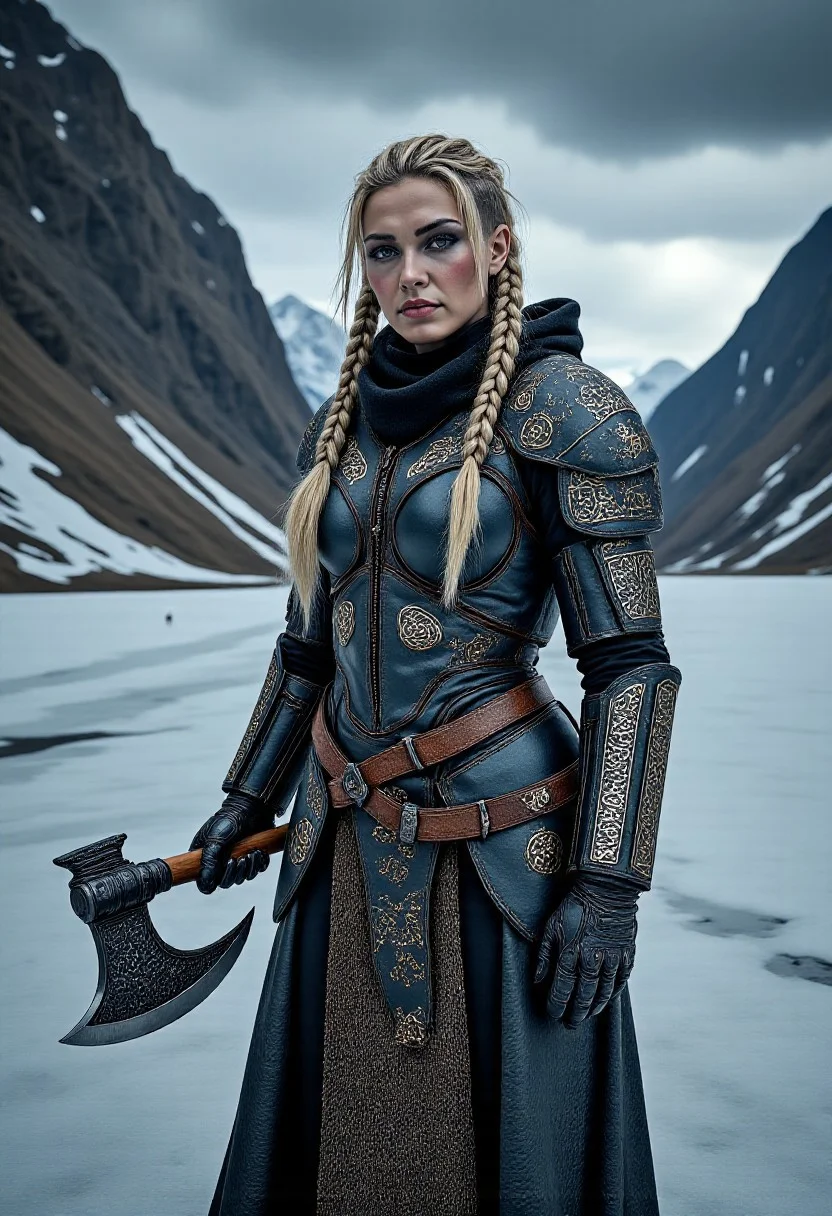 A captivating image emerges, focusing on a vikingpunk warrior-princess with her presence commanding attention in the icy wasteland. Her futuristic viking armor based on traditional viking armor, a seamless fusion of technology and her athletic form, slim-athletic form highlights her strength and agility. The warrior's twin braids with shaved sides, frames her determined expression, while her piercing eyes bore into the viewer. Ancient runes are etched into her battleaxe and armor, crackling with mystical glowing energy. The frozen landscape, a testament to her people's resilience, stretches into the distance, where dark, ominous clouds partially veil the rugged mountainous pass, filling the air with crispness and the promise of lightning. This artwork, with its Nordic and Viking-inspired elements, captures the essence of a powerful futuristic figure, seamlessly blending ancient traditions with futuristic innovations. Beauty, chiaroscuro, play of shadow and light, realistic,