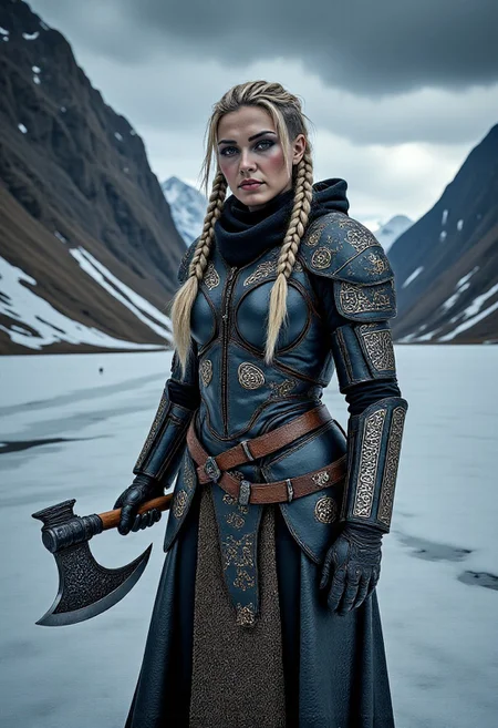 A captivating image emerges, focusing on a vikingpunk warrior-princess with her presence commanding attention in the icy wasteland. Her futuristic viking armor based on traditional viking armor, a seamless fusion of technology and her athletic form, slim-athletic form highlights her strength and agility. The warrior's twin braids with shaved sides, frames her determined expression, while her piercing eyes bore into the viewer. Ancient runes are etched into her battleaxe and armor, crackling with mystical glowing energy. The frozen landscape, a testament to her people's resilience, stretches into the distance, where dark, ominous clouds partially veil the rugged mountainous pass, filling the air with crispness and the promise of lightning. This artwork, with its Nordic and Viking-inspired elements, captures the essence of a powerful futuristic figure, seamlessly blending ancient traditions with futuristic innovations. Beauty, chiaroscuro, play of shadow and light, realistic,