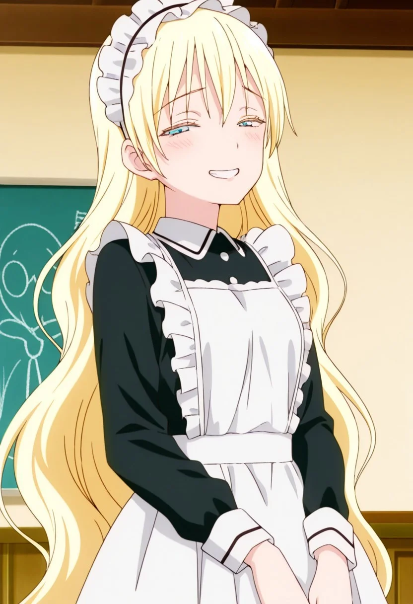 best quality, masterpiece, anime screencap, anime coloring, ultra detailed, source_anime, intricate details, perfect anatomy,
olivia, 1girl, solo, long hair, blonde hair, very long hair, bangs, blue eyes, bangs,
apron, long sleeves, maid, black dress, dress, maid apron, white apron, frills, frilled apron, maid headdress, chalkboard, indoors,
small breasts, shiny skin, looking at viewer, shy, smile, teeth, open mouth, clenched teeth, half closed eyes,
face focus,