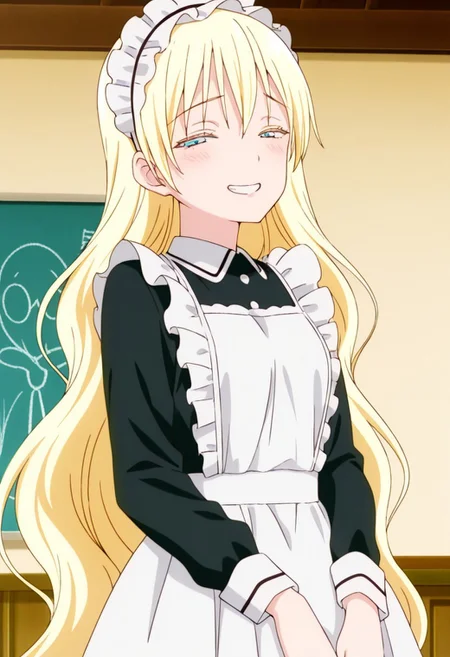 best quality, masterpiece, anime screencap, anime coloring, ultra detailed, source_anime, intricate details, perfect anatomy,
olivia, 1girl, solo, long hair, blonde hair, very long hair, bangs, blue eyes, bangs,
apron, long sleeves, maid, black dress, dress, maid apron, white apron, frills, frilled apron, maid headdress, chalkboard, indoors,
small breasts, shiny skin, looking at viewer, shy, smile, teeth, open mouth, clenched teeth, half closed eyes,
face focus,