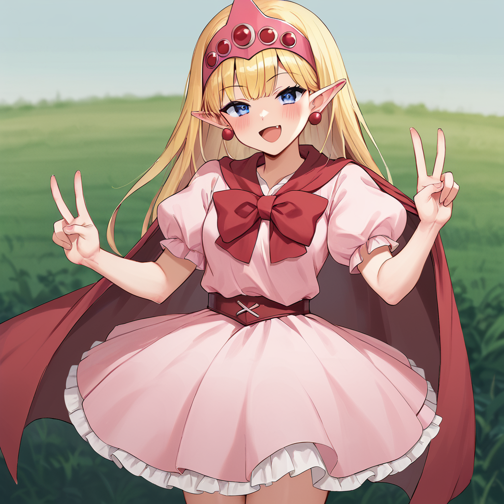 score_9, score_8_up, score_7_up, BREAK source_anime, best quality, masterpiece, 1girl, solo,<lora:monstermaker_pony:0.7>lorien, blonde hair, long hair, blue eyes, pink tiara, jewelry, pink dress, puffy sleeves, pink skirt, red cape, red bow, on field, cowboy shot, smug, piece sign