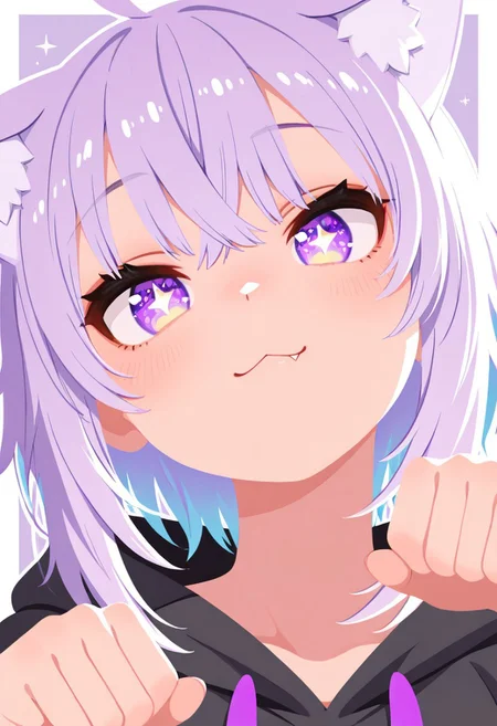 masterpiece,best quality,amazing quality, 1girl, solo, nekomata okayu, purple hair,bangs, purple eyes, fang, black hoodie,cat ear,cat girl,eyes half closed,
:3,star \(symbol\), star-shaped pupils,symbol in eye, star in eye, cute pose,close-up,portrait, eye focus, Colorful themes,High Saturation, haiz_ai, no lineart,white outline, <lora:ponyv6_noobE11_2_adamW-000017:0.3> <lora:MeMaXL4:0.8> <lora:veluflora-wai:0.35> <lora:haiz_ai_illu:0.7>