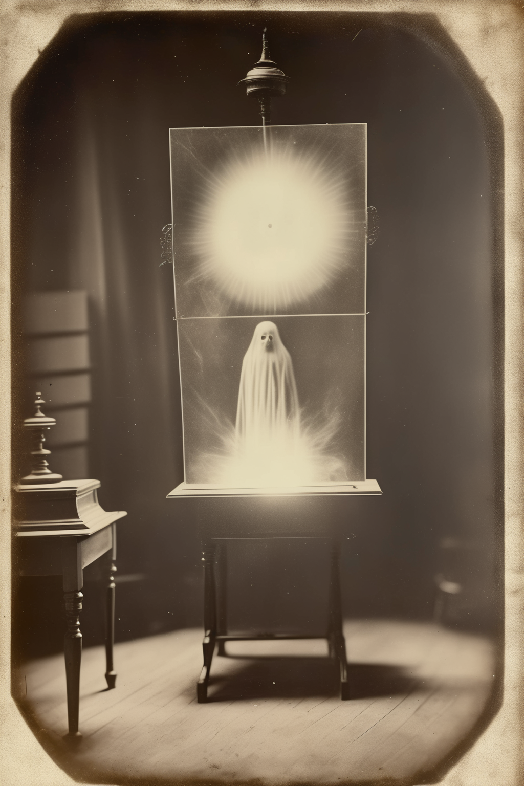 <lora:Albumen Print:1>Albumen Print - a smoky ghost appears on the center.An spiritist session from xix century upon a solar panel. a ghost appears in the center of the panel. Vintage platinotype
