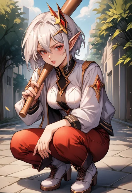 score_9, score_8_up, score_7_up, score_6_up, score_5_up, score_4_up, detailed, intricate details, source_anime, (1_girl, solo focus), zerida-dark, 1girl, solo, short hair, sidelocks, breasts, parted lips, bangs, large breasts, hair ornament, red eyes, , White Eyelashes, , hair between eyes, , White Hair, , pointy ears, elf, Eyelashes, Colored Eyelashes, jacket, pants, red pants, boots, white footwear, outdoors, uneven eyes, raised eyebrow, holding baseball bat, weapon over shoulder, squatting,
 <lora:add-detail-xl:1.0> ,(((feminine bodies))),(((perfect anatomy))), (((correct arms))), (((correct hands))), detailed eyes、detailed face and detailed skin <lora:add-detail-xl:1.0>,