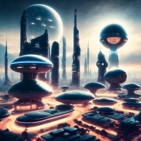 (atompunk style:1) an artist's rendering of a futuristic city at night <lora:Atompunk:0.8>