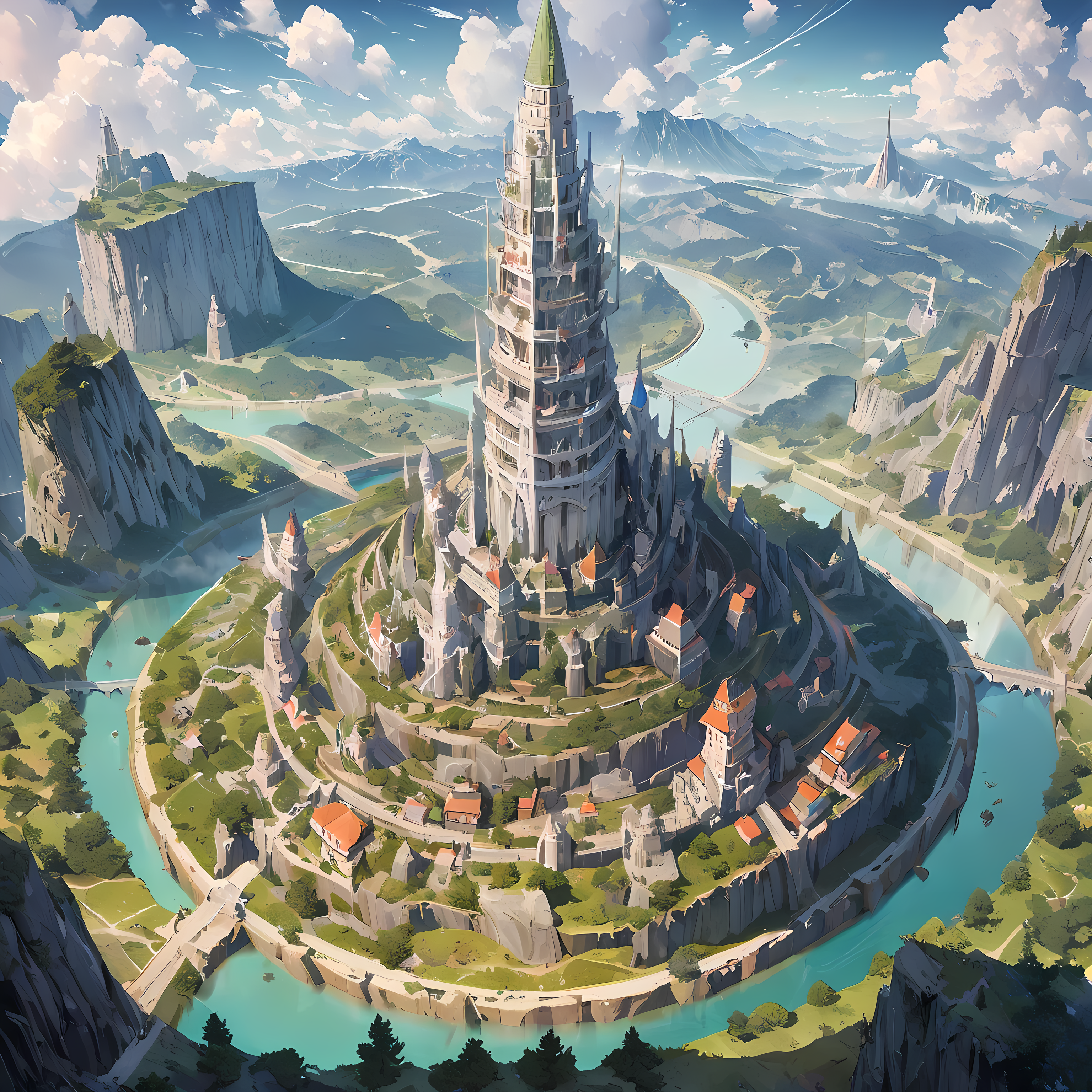 Aerial View of Towering steep and towering high white Tower and Village in a cliff, thick wild forest, mist, fog, Asymmetric circle cliff canyon, ((Aerial View):1.2), Coexistence with the natural environment, Magic Tower, lush colorful wild forest, Beautiful scenery, white Tower, Very detailed, best quality, masterpiece, High resolution, surreal, 8K, Top view, high angle view, Minimalism.