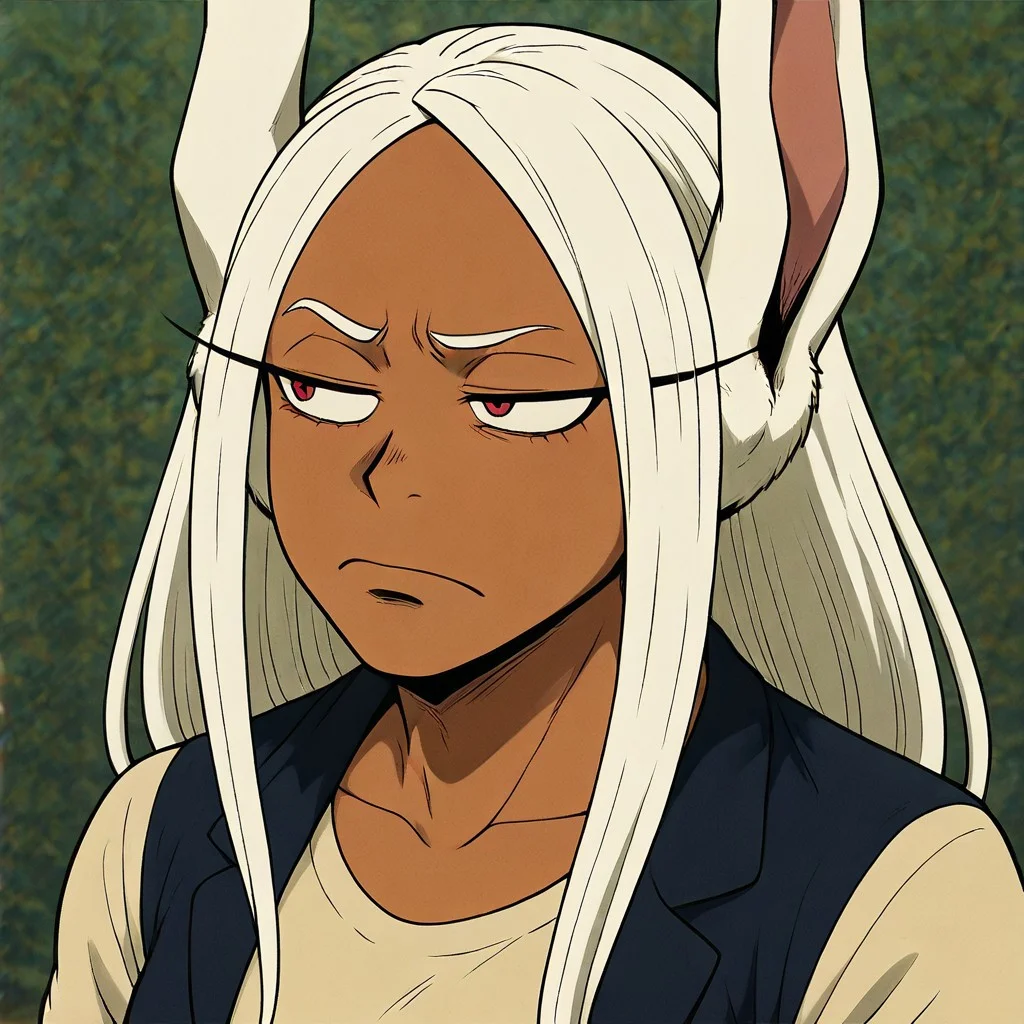 masterpiece, best quality, newest, absurdres, highres, anime, anime style, TSLV1.0, skeptical expression, judgmental look, side-eye, half-closed eyes, tight-lipped, furrowed brow, frown, looking sideways,
1girl, Mirko /(boku_no_hero_academia/), dark-skinned female, toned, muscular female, white hair, rabbit ears, rabit tail, gloves, red eyes, rabbit girl,