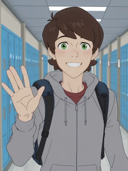 score_9, score_8_up, score_7_up, Masterpiece, Best Quality, high quality cg, 1boy, Peter Parker, green eyes, grin, solo male, male focus, charming, looking at viewer, wearing gray hoodie, backpack, waving, smile, school hallway, lockers, <lora:CoS_Schi_Ill_01:0.6>, <lora:Peter_Parker-000056:0.8>,