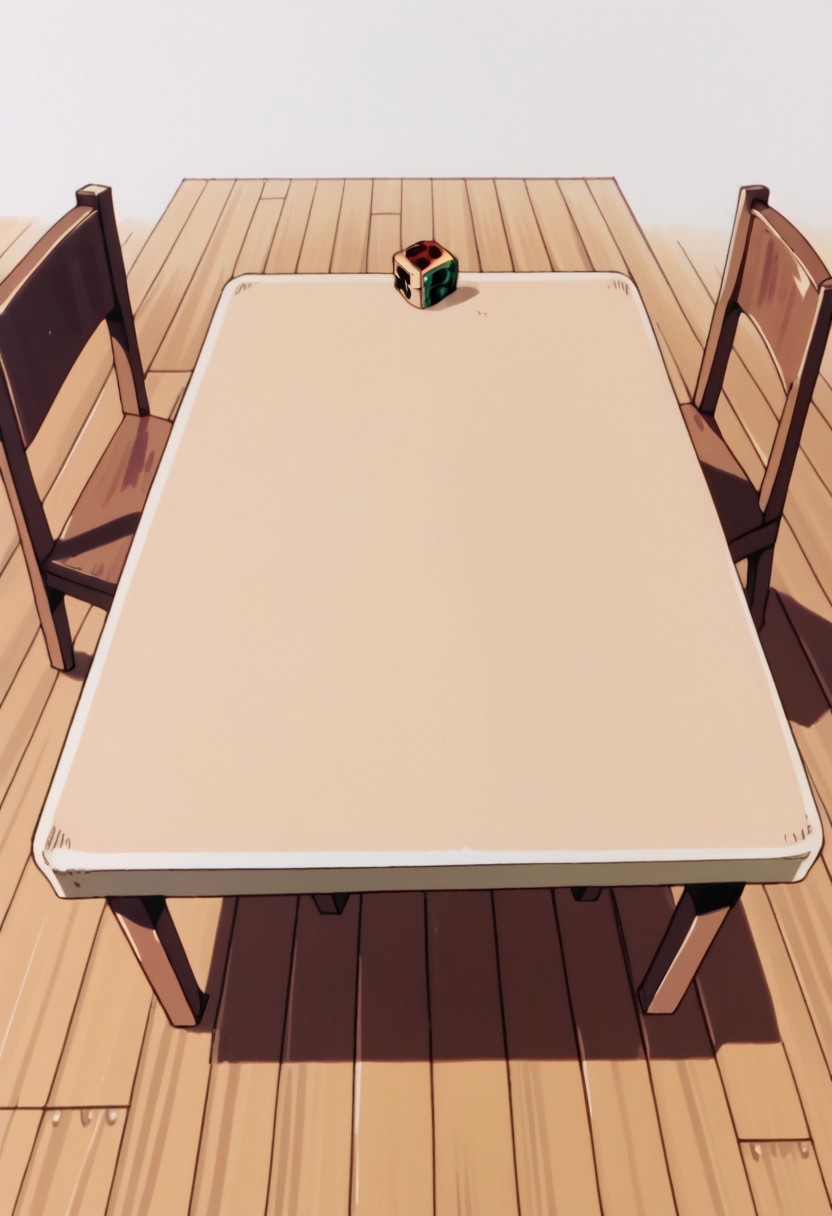 score_8, score_8_up, score_7_up, AWGXS, anime screenshot, retro artstyle,1990s (style), cel animation BREAK no humans, robo cube, table, wooden floor, wooden table,