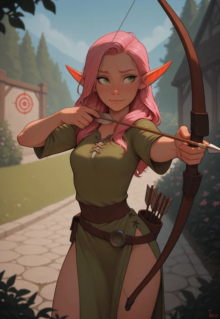 masterpiece, best quality, amazing quality, very aesthetic, DISNEY_ANIMATION, incoth, (incase:0.6), female, solo, (depth of field), medieval setting, outdoors, garden, day time

elf, pink hair, green eyes, cute face, slender, small breasts, long hair swept to one side, short elf ears, short ears,

simple tunic, archer, arrow quiver,

target prectice, archery, aiming a bow and arrow,