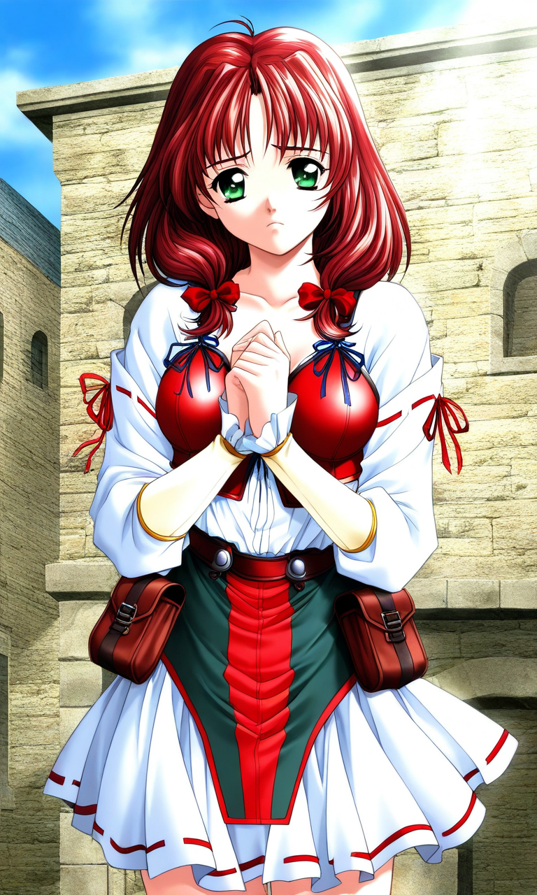 general,highres, ultra-detailed,very aesthetic,best quality ,best hands, BREAK <lora:Mew_words_worth_IS:1>
Mew(words_worth), 1girl, solo, green eyes, red hair, long hair, ribbon, hair ribbon, breasts,
 day, frown, looking at viewer, outdoors, long sleeves, skirt, sky, bow, short hair, pouch, cowboy shot, standing, own hands together, armor,