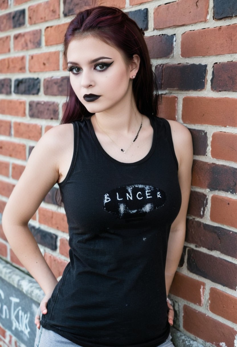 1girl, black lipstick, tank top, eyeliner, hands on hips, leaning on brick wall