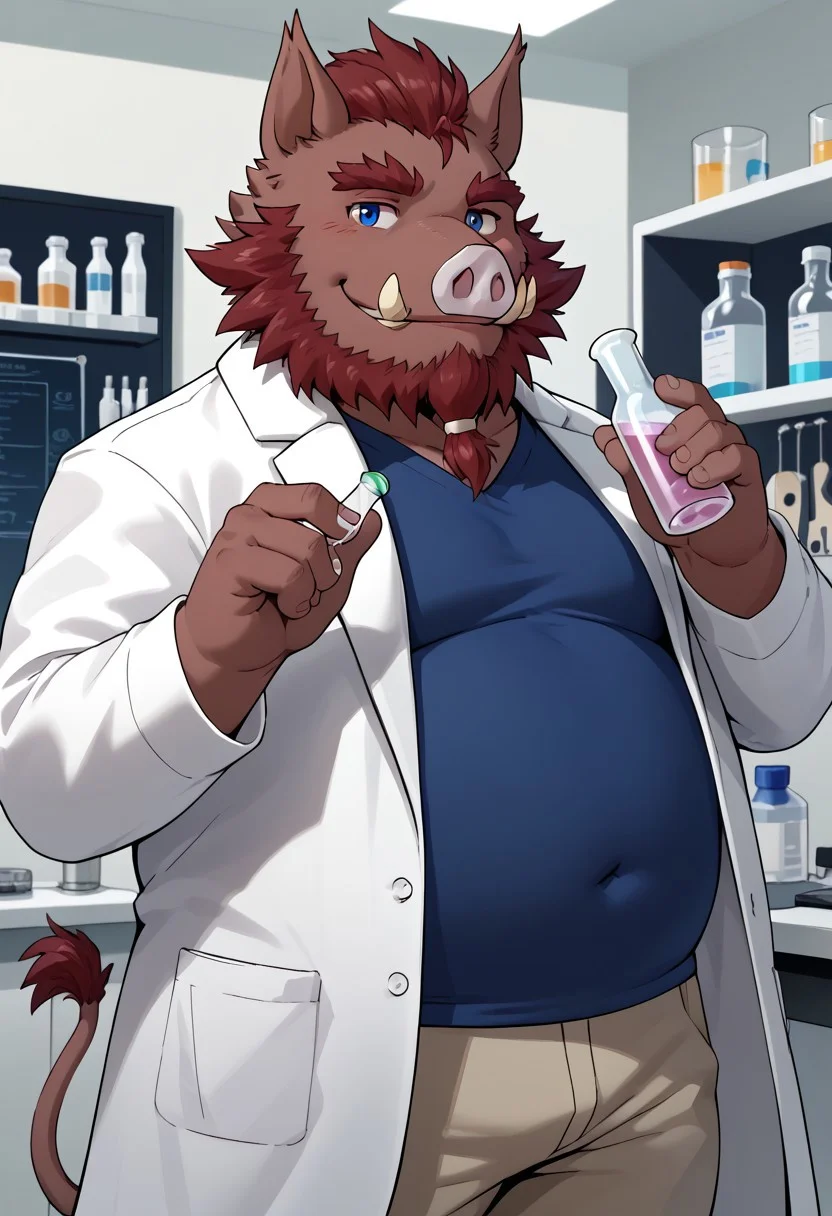 score_9, score_8_up, score_7_up, 0swinvn, boar, (dark red body), blue eyes, chubby, long boar tail, furry body, solo, 1boy, extremely expressive, white lab coat, blue shirt, badge pants, ((expressive smile)), sexy expression, bedroom eyes, lab, science lab, holding vial, , hi res, detailed eyes, eyes focus, big iris, 4k perfect eyes, perfect face, 5fingers, best artwork, highly detailed