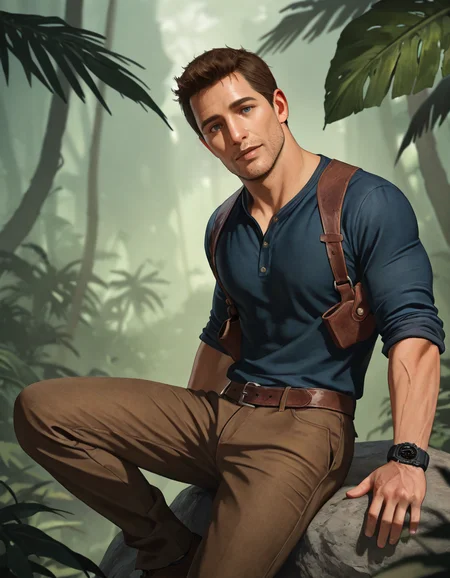 masterpiece, best quality, absurdres, newest, perfect quality, best quality, absolutely eye-catching, detailed background, intricate details, male focus, solo, realistic, <lora:Uncharted - Nathan - Illustrious 2_1-000004:0.8>, uncharteddrake, 1boy, very short hair, blue eyes, stubble, body hair, wristwatch, dark blue shirt, sleeves rolled up, untucked shirt, brown pants, brown shoes, outdoors, jungle, looking at viewer, head tilt, belt, shoulder holster, sitting, on rock, contrapposto, from side