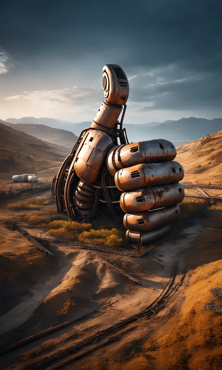 a gigantic metal hand structure sticking out of a ground, thumbs up, best quality, rust, landscape, nature, masterpiece, intricate, highly detailed, cinematic lights, <lora:abslandsdxl:0.9>, abslandsdxl, 4 fingers,