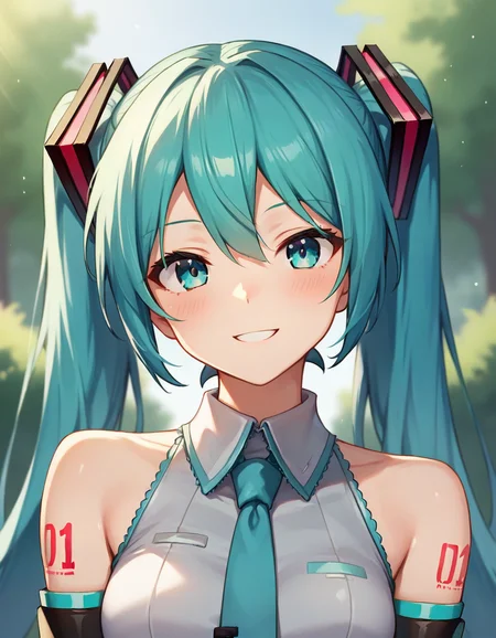 score_9,score_8_up,score_7_up,score_6_up BREAK official art,solo,outdoors,smile,upper body,(portrait:2),cheek-to-cheek,looking at viewer,facing viewer,hatsune miku,absurdly long hair,aqua hair,twintails,hair ornament,sidelocks,hair between eyes,parted bangs,aqua eyes,white shirt,collared shirt,bare shoulders,sleeveless shirt,aqua necktie,detached sleeves,black sleeves,shoulder tattoo,fringe,black thighhighs,miniskirt,pleated skirt,zettai ryouiki,thigh boots,<lora:Hatsune Miku(voi)-Pony:0.4>,<lora:Smooth Anime Style LoRA XL:0.8>,