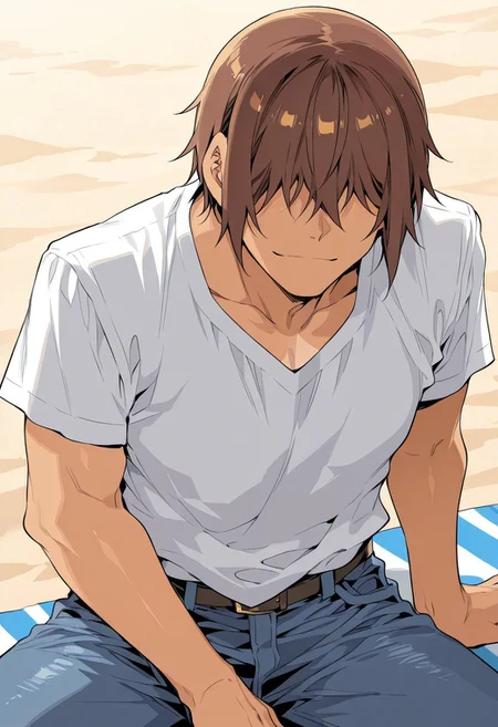 score_9, score_8_up, score_7_up, score_6_up, source_anime, BREAK, 1man, solo, (( <lora:hentai_mc:1> , hentai_mc, faceless, shaded face, toned body, manly, strong male, alfa male, lightly tanned skin, short brown hair, hair over eyes, charismatic male, )) , hentai_mc a man wears a buttondown shirt and jeans. He poses on the beach at sunset.