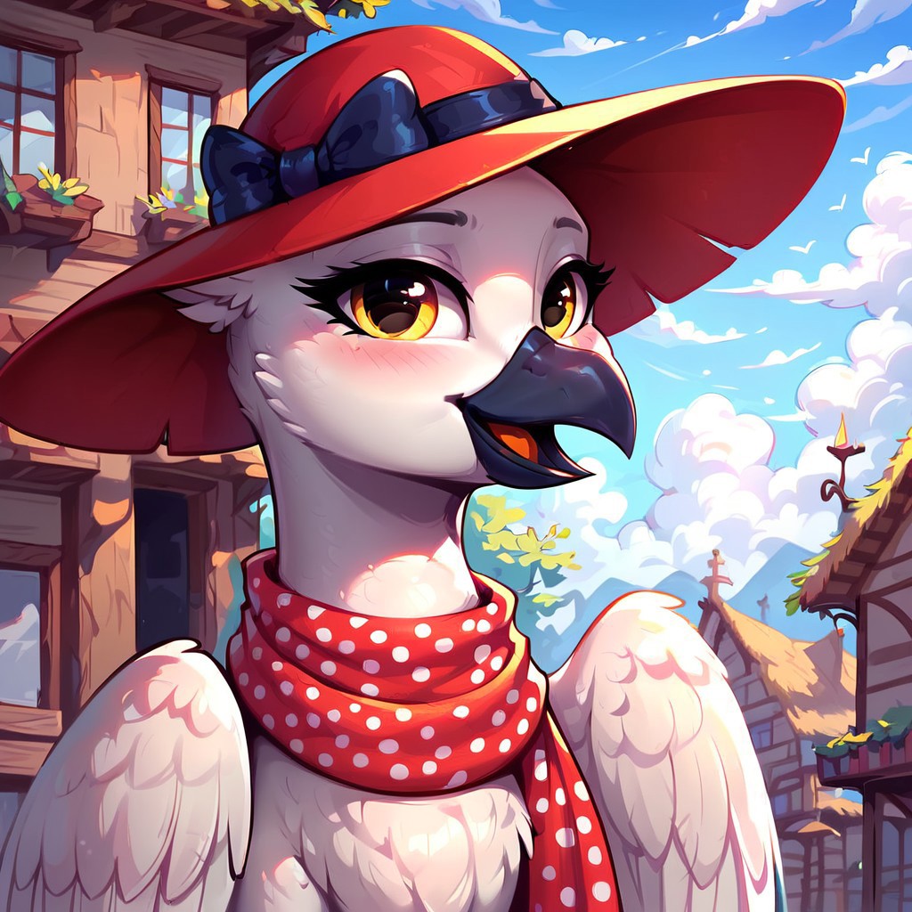 masterpiece, score_9, score_8_up, score_7_up, (best quality:1.1), ultra-detailed, high resolution, solo, Princess Lycklig,  griffon, avian, feral, female, (((beautiful detailed yellow eyes))), black beak, white feathers, black talons, wings, (vintage wide brim red hat), (scarf with polka dots), highly detailed macro illustration, smiling, blushing, mlp, outside, Highly Visible, (((8k))), sharp focus, perfect lighting, anatomically correct, extremely detailed, shine on body, (Pony town), high detail, cute face, Expressiveh, detailed background, OverallDetail, zPDXL2,