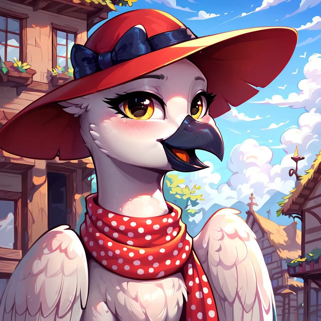 masterpiece, score_9, score_8_up, score_7_up, (best quality:1.1), ultra-detailed, high resolution, solo, Princess Lycklig, griffon, avian, feral, female, (((beautiful detailed yellow eyes))), black beak, white feathers, black talons, wings, (vintage wide brim red hat), (scarf with polka dots), highly detailed macro illustration, smiling, blushing, mlp, outside, Highly Visible, (((8k))), sharp focus, perfect lighting, anatomically correct, extremely detailed, shine on body, (Pony town), high detail, cute face, Expressiveh, detailed background, OverallDetail, zPDXL2,
