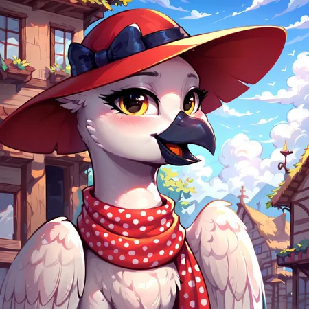 masterpiece, score_9, score_8_up, score_7_up, (best quality:1.1), ultra-detailed, high resolution, solo, Princess Lycklig, griffon, avian, feral, female, (((beautiful detailed yellow eyes))), black beak, white feathers, black talons, wings, (vintage wide brim red hat), (scarf with polka dots), highly detailed macro illustration, smiling, blushing, mlp, outside, Highly Visible, (((8k))), sharp focus, perfect lighting, anatomically correct, extremely detailed, shine on body, (Pony town), high detail, cute face, Expressiveh, detailed background, OverallDetail, zPDXL2,