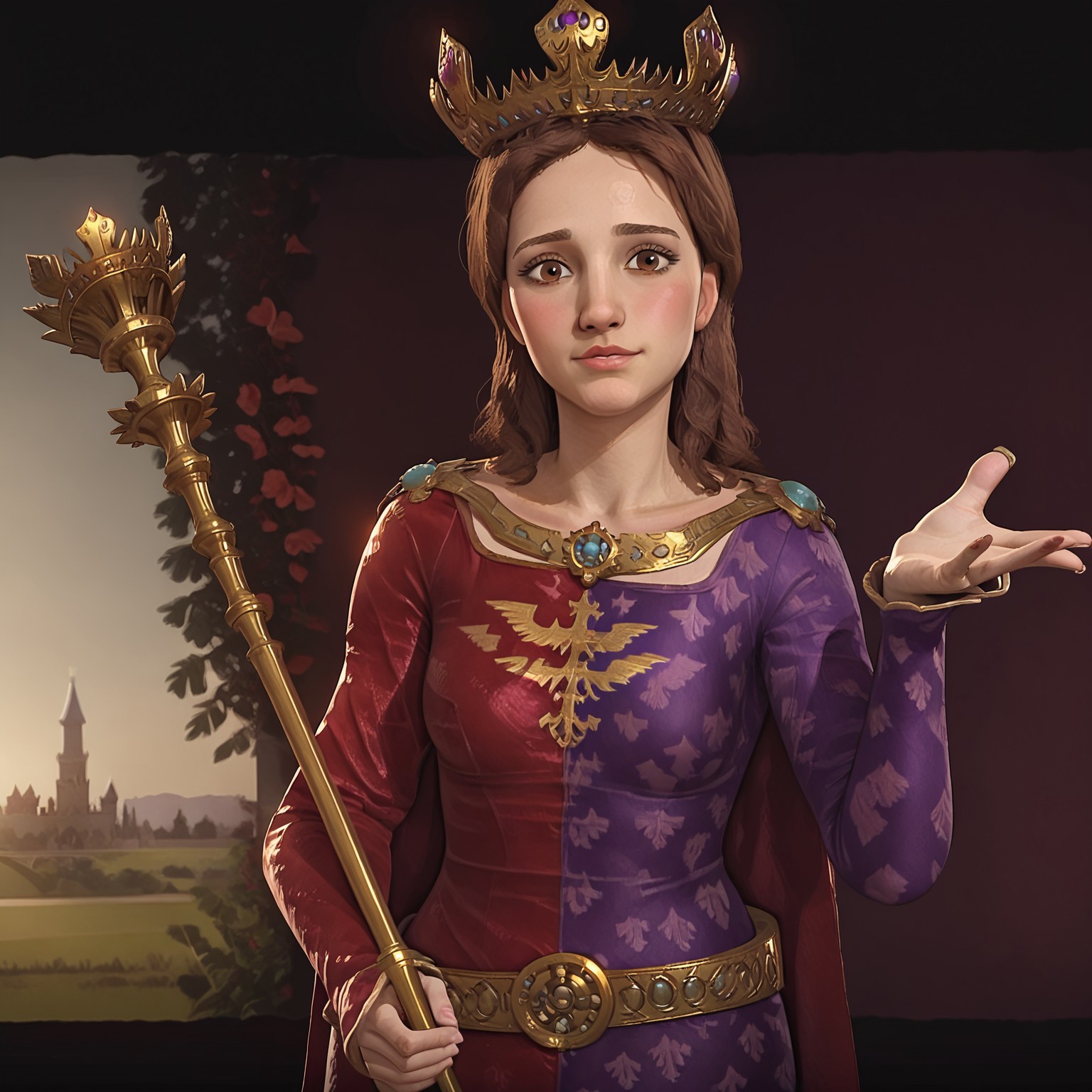 1girl, solo, Jadwiga, crown, brown hair, brown eyes. red and purple dress, proud, gold sceptre, holding gold sceptre