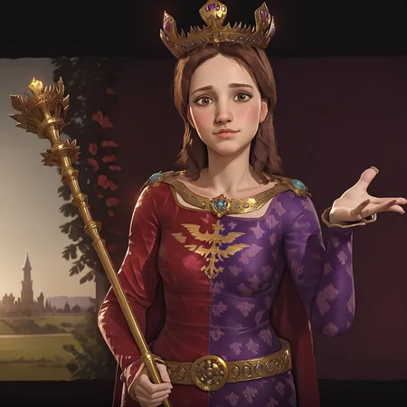 1girl, solo, Jadwiga, crown, brown hair, brown eyes. red and purple dress, proud, gold sceptre, holding gold sceptre
