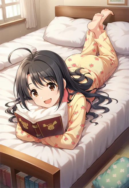 score_9, score_8_up, score_7_up, source_anime,shimamura uzuki, long hair, brown hair, brown eyes, smile, pajamas, ahoge, open mouth, barefoot, pillow, black hair, on stomach, short hair, bed, lying, book