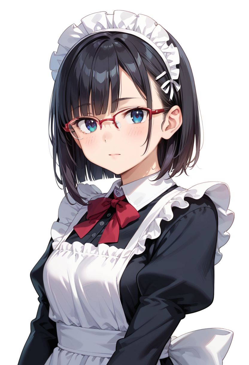 score_9, score_8_up, score_7_up, rating_safe, masterpiece, best quality, absurdres, unity 8k wallpaper, official art, official style, source_anime, uncensored, game cg, megami magazine,
1girl, solo, black hair, medium hair, upper body, covered eyes,maid, maid headdress, black dress, maid apron, face focus,
halfrim17s,  still life, white background, simple background, red-framed eyewear,
 <lora:glasses_halfrim17S_PONY_V1:1>