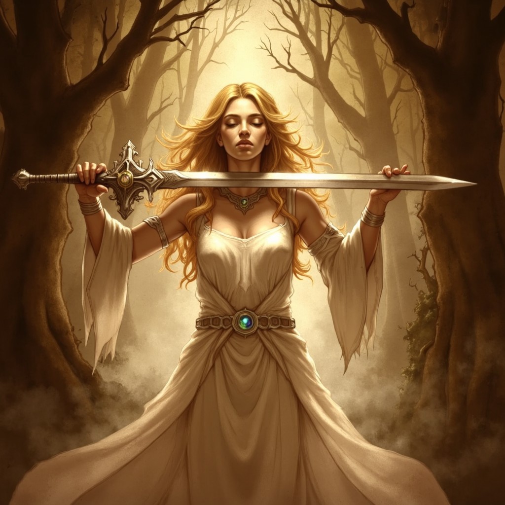 image in a sepia-toned, digital drawing with a dark, gritty, and dramatic D3CSPS-V1.0 style that features a woman, an embodiment of grace and divinity, holds a long, gleaming sword horizontally across her open hands, its blade radiating with an inner silver glow that contrasts with the warm tones of her golden skin. She wears a delicate, flowing white gown that appears almost translucent, cascading around her like a wisp of mist, with edges blending into the faint fog surrounding her form. The fabric shimmers faintly, catching glimmers of gold and soft blues from the ambient lighting, adding depth to the folds and texture of her attire. Her face is calm, illuminated by a celestial light emanating from above, highlighting her closed eyes and giving her an expression of peace and solemnity. Her golden-blonde hair flows over her shoulders, woven with a faint, pearlescent sheen, and crowned by an intricate, filigreed circlet of silver that sparkles subtly, catching the dim forest light. The circlet is adorned with tiny jewels of emerald and sapphire, enhancing the regal yet mystical aura surrounding her.