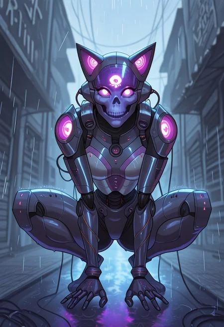 w3st3rnt00n, masterpiece, best quality, good quality, very aesthetic, absurdres, newest, 8K, depth of field, focused subject, neon, wires, made of wires, cables, outlined with wires and neon, neon outlines, wire sculpture, neon wire sculpture, 1 cat crouching on a rain-soaked fire escape, geometric armor plates integrated into her shoulders and forearms, lower face obscured by a breathing apparatus with LED voice modulator, eyes enhanced with retinal implants glowing violet, neural interface cables spiraling from the base of her skull into a wrist-mounted terminal, market street neon reflecting in puddles below her, vigilant posture,